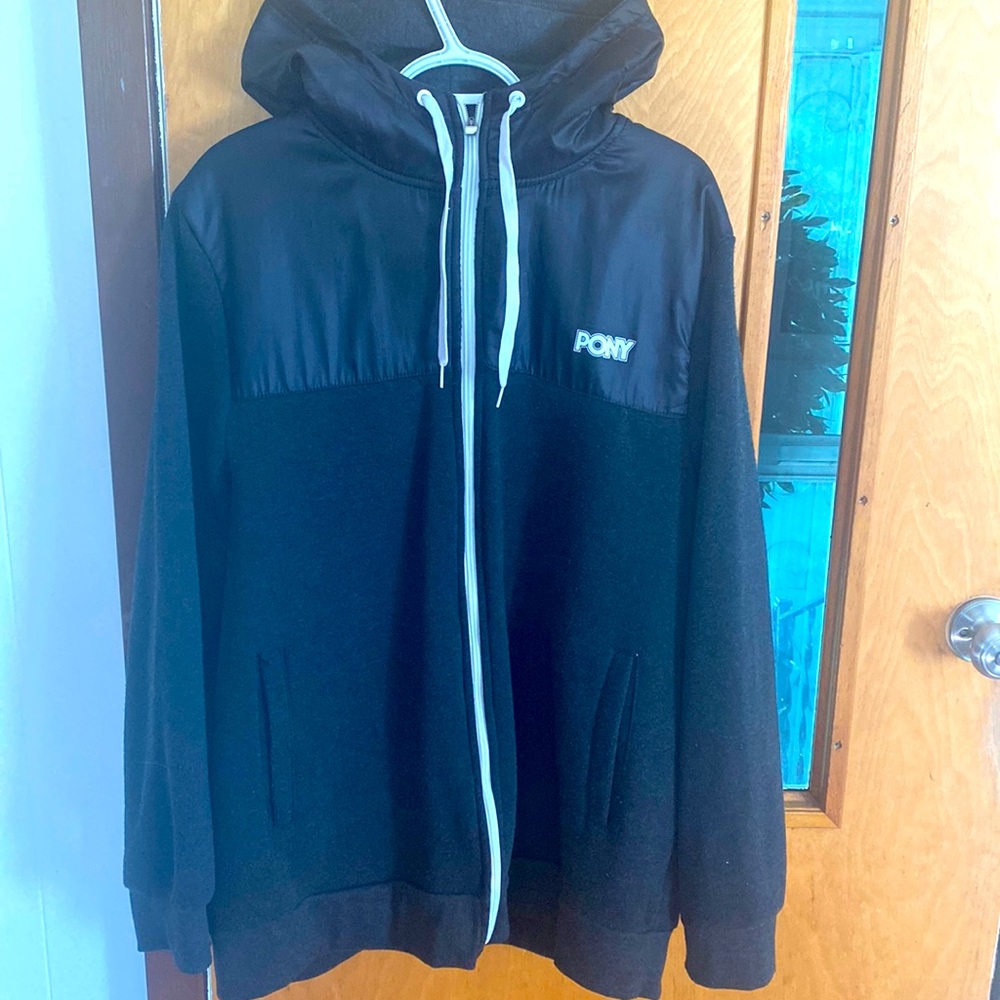 Mens size XL Pony zip up hoodie, dark heather gray, top is black coat material
